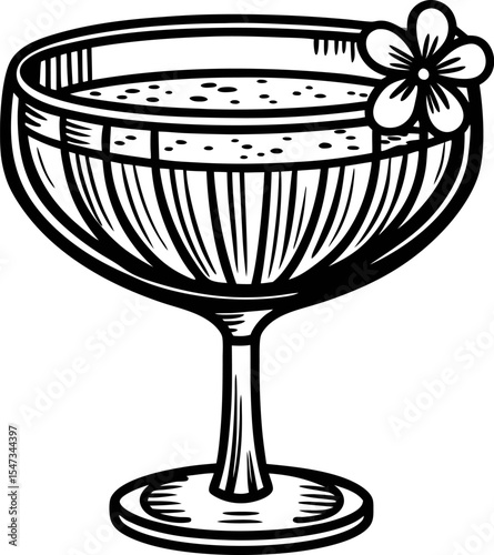 Elegant vintage cocktail glass with floral garnish in retro engraved illustration