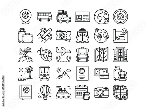 Travel icons collection set, including transportation, destinations, travel essentials, and accommodations. Perfect for travel apps, guides, infographics, and tourism-related designs.