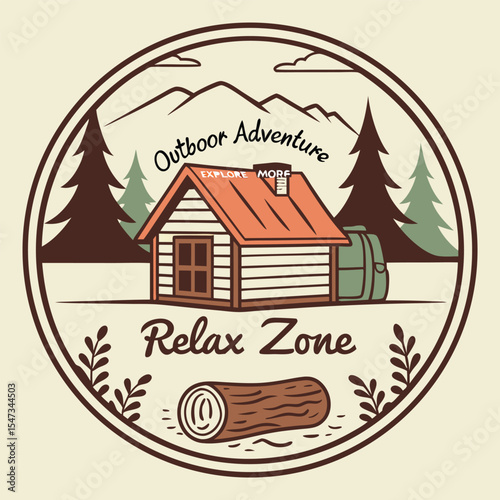 Vintage Style Illustration of a Cozy Cabin in a Mountain Relax Zone with Backpack and Log