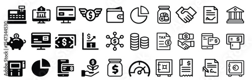 Finance and Banking vector Icon Set – Banking, Investment, Wallet, Tax, ATM. Collection of finance and banking icons. finance, banking, money, payment, financial, credit card, piggy, tax
