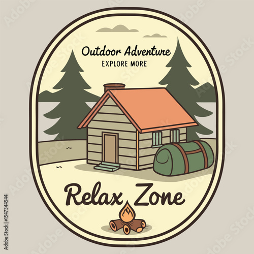Vintage Style Illustration of a Cozy Wooden Cabin in a Relaxing Mountain Setting with a Campfire and Sleeping Bag
