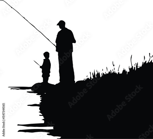 Silhouette of adult and child fishing together at lakeside, capturing peaceful outdoor bonding on isolated white background