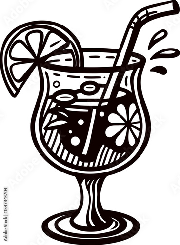 Retro hand drawn cocktail glass with straw and lemon slice isolated on white, vintage bar menu sketch