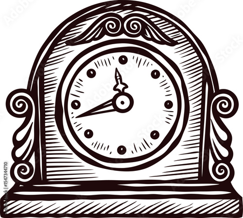 Hand drawn antique mantel clock with ornate decorative details and roman numerals illustration
