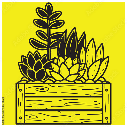 A stylish black and yellow illustration of various succulents in a wooden planter