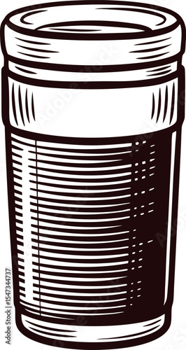 Hand drawn reusable coffee cup with lid isolated on white vintage engraved sketch illustration