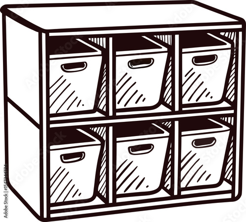 Hand drawn storage organizer with six fabric bins vintage shelving illustration for home or office use