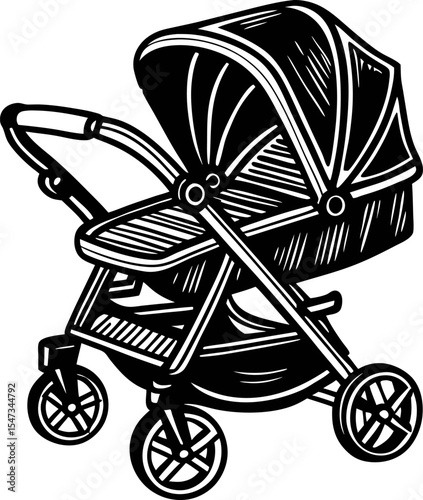 Hand drawn baby stroller illustration vintage engraved sketch of newborn pram with canopy and wheels