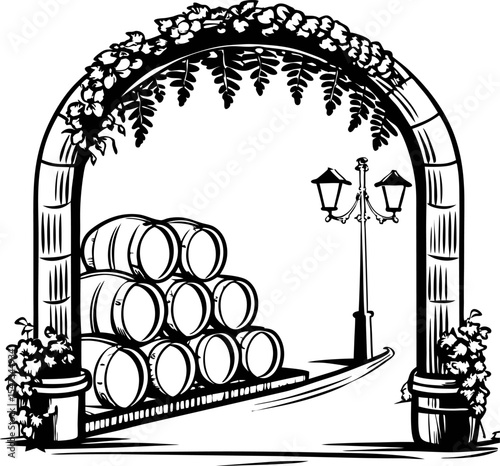 Arched vineyard gate with stacked wine barrels and vintage street lamp illustration in black and white