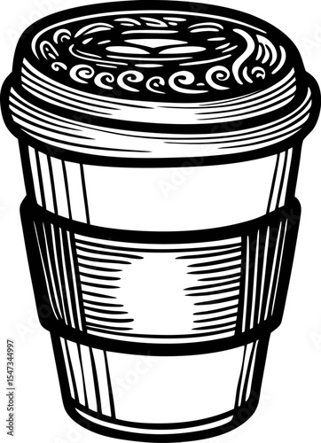 Hand drawn illustration of takeout coffee cup with lid and sleeve in vintage engraving