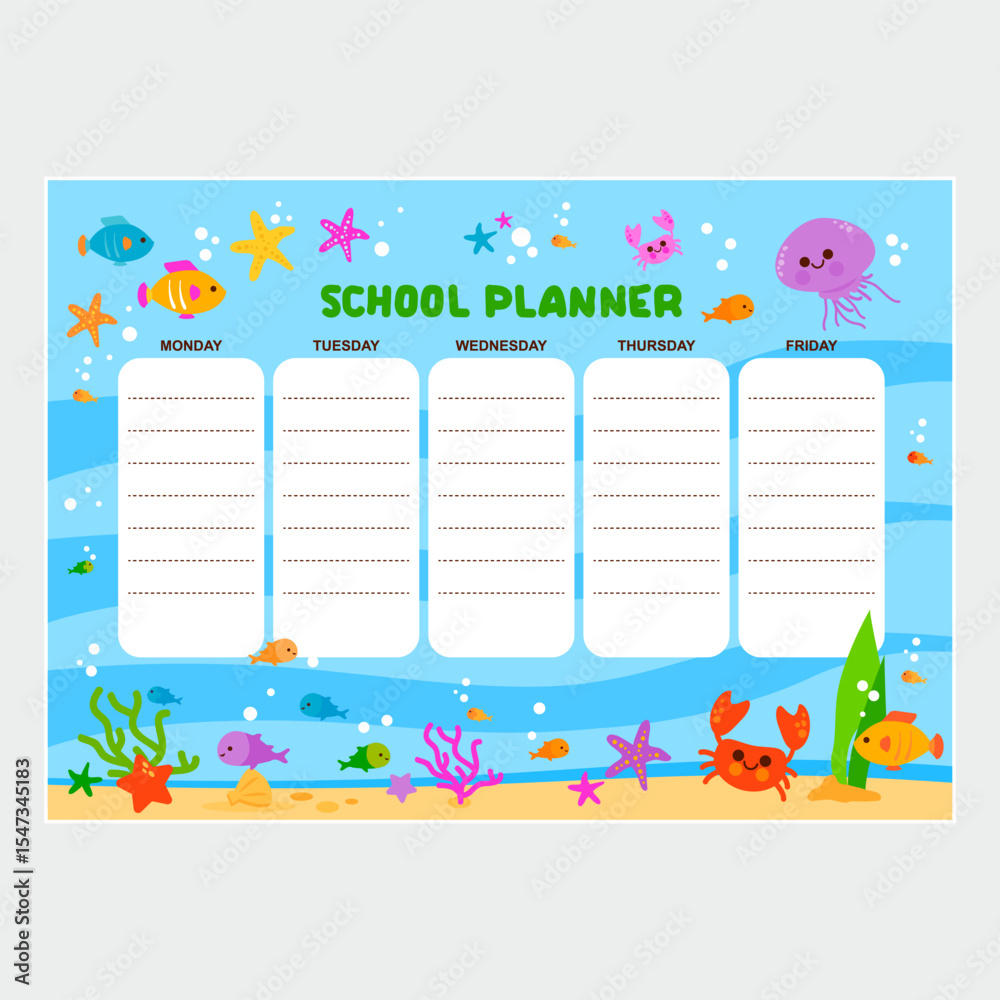 Obraz premium Sea animals school subject planner for kids. Cute underwater schedule, weekly sea floor and ocean theme timetable for children. Colorful fish calendar planner and scrapbook. Vector illustration