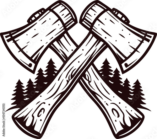 Crossed wooden axes with detailed forest trees background in vintage engraving illustration