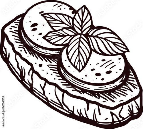 Hand drawn sketch of bruschetta with tomato slices and basil leaves on rustic bread
