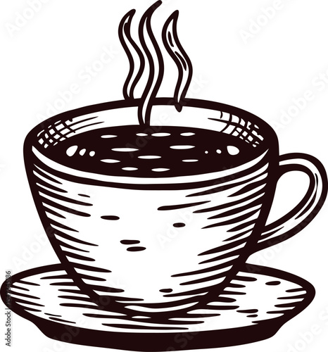 Hand drawn illustration of steaming coffee cup on saucer in vintage engraving