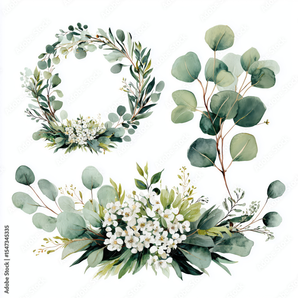 Obraz premium Delicate Floral Wreath and Bouquet Watercolor Art , isolated on white background png