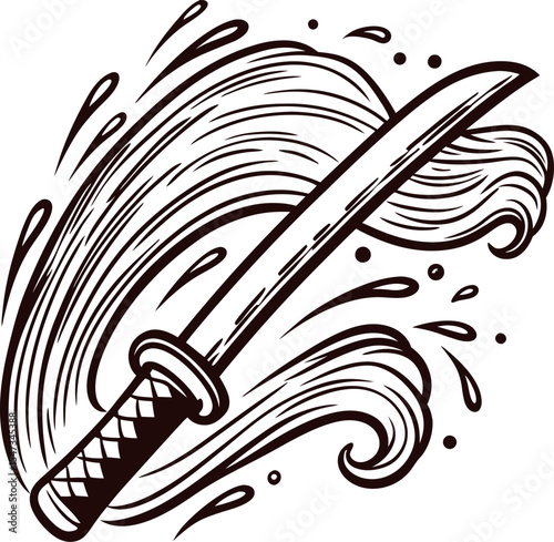 Hand drawn katana sword with swirling water waves and splashes in vintage black ink illustration