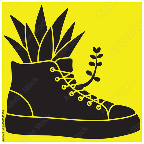 Artistic representation of a high top sneaker with plants growing from the inside out