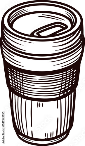Hand drawn reusable travel coffee cup with lid in vintage engraved sketch illustration