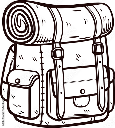 Hand drawn vintage hiking backpack with rolled sleeping bag and multiple pockets, detailed sketch illustration