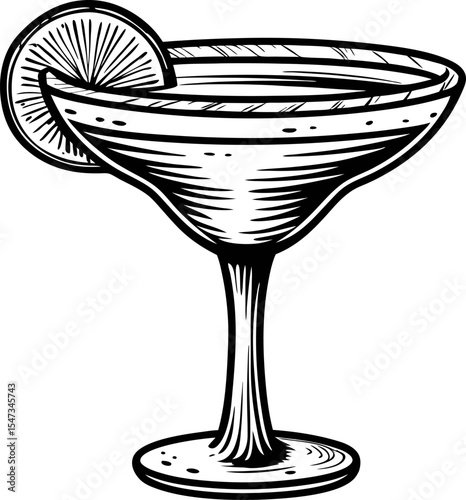 Hand drawn margarita glass with lemon slice vintage black and white sketch illustration isolated on white