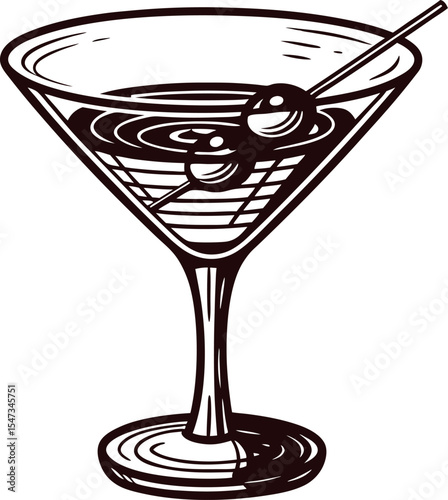 Hand drawn martini glass with olives on toothpick vintage engraved sketch illustration isolated on white background