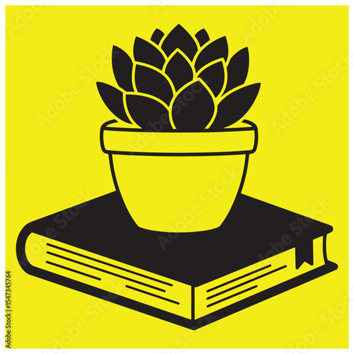 Black and yellow illustration of a succulent plant in a pot resting on a book