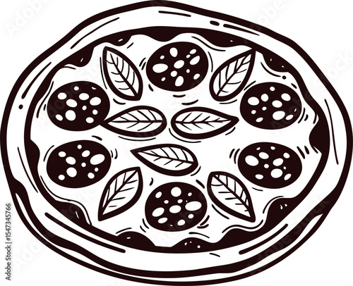 Hand drawn pizza with pepperoni sausage and basil leaves illustration isolated on white background