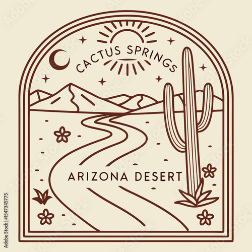 Arizona Desert Vintage Style Log Illustration Cactus Springs Brown Line Art Desert Landscape Sun Moon Stars Flowers