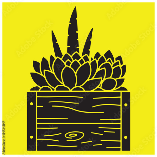 Black and yellow vector illustration of a succulent plant growing in a wooden planter