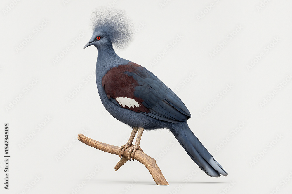 Obraz premium Exotic blue crested bird with red eyes perched on dry wooden branch close up.