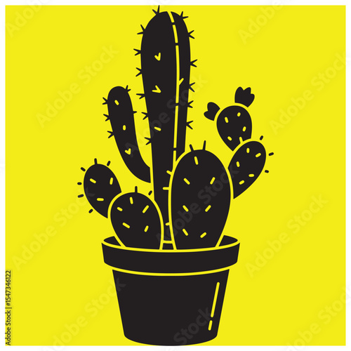 Black cactus plant in a pot with yellow background design illustration for creative projects