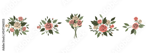 Roses composition. Pink flowers and green leaves. Decorative element, frame, border and divider, underline. Bouquet with blossoms. Botanical garland. Vector cartoon flat isolated illustration
