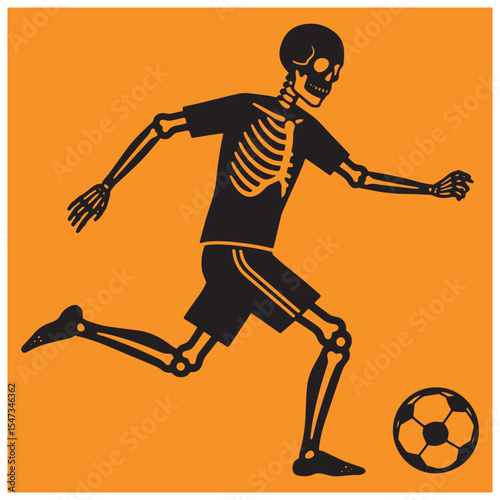 Black skeleton soccer player kicking the ball on orange background illustration