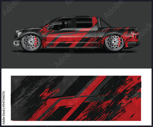 Slammed Truck with Red and Black Racing Wrap Design Template Illustration
