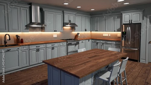 Modern kitchen transforming from architectural blueprint sketch to fully realized modern interior with marble island, cabinetry and wood flooring, concept of home renovation, remodeling and real estat