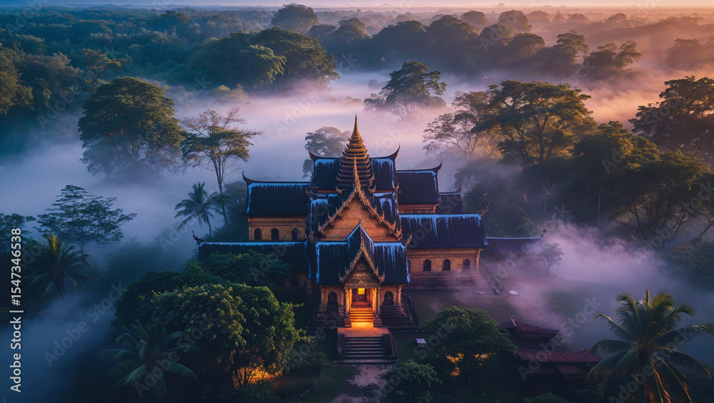 Obraz premium Mystical temple nestled amongst misty forests and verdant greenery under atmospheric dawn light