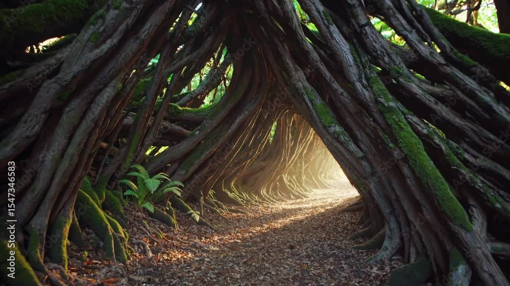 Tunnel made of large arching tree trunks forming a canopy path in tropical forest, concept of jungle nature trail, eco-tourism, rainforest hiking, and outdoor adventure backdrop