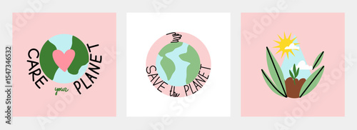 Save planet. Earth environmental care. Icon or sticker collection. green energy, stop pollution, reuse and recycled. Eco friendly, ecology elements. Vector cartoon flat style isolated illustration set