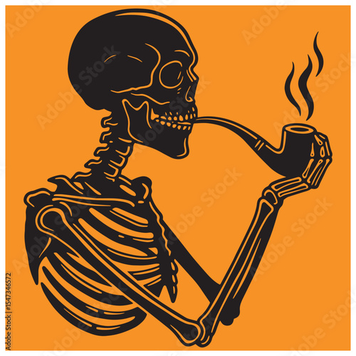 Black silhouette of a skeleton smoking a pipe on a bold orange background.