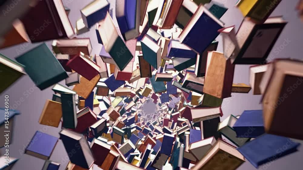 Exploding tunnel of flying books spinning into vortex, concept of knowledge explosion, digital library access, education, learning content transition, and creative publishing visual