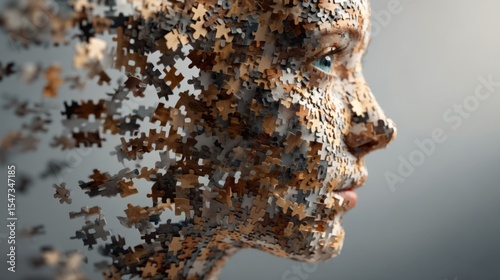 Puzzle Piece Covered Human Head in Profile with Blue Eye Visible
