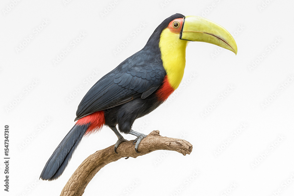 Fototapeta premium Colorful toucan bird with large yellow beak perched on curved branch against white background.
