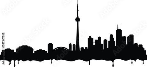 Toronto skyline silhouette vector illustration, CN Tower, dripping paint effect, modern cityscape design, Canada landmark, black city view art, urban architecture clipart