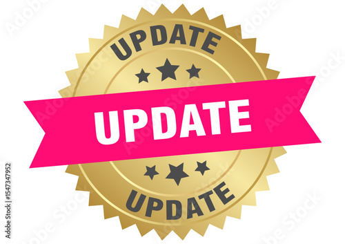 update. update round pink and gold label isolated on transparent background