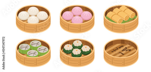 Assorted Delicious Dim Sum in Bamboo Steamers