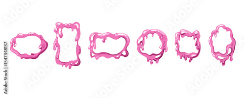 Slime pink frame. Different forms border for graphic design. Melting liquid, abstract blob drip, square and round, jelly splash and spot. Decorative background. Vector cartoon isolated set
