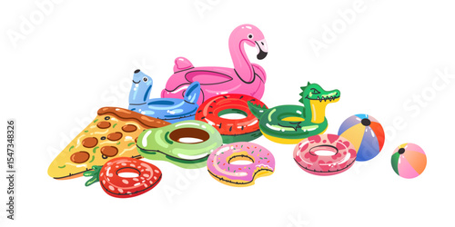 Cartoon inflatable toys. Colorful swimming rings and mattress, rubber water summer pool funny swimming accessories, flamingo, pizza and ball, watermelon and donut, vector flat isolated gradient set