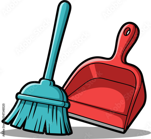 Cartoon Broom and Red Dustpan with Black Outlines, Cleaning Supplies