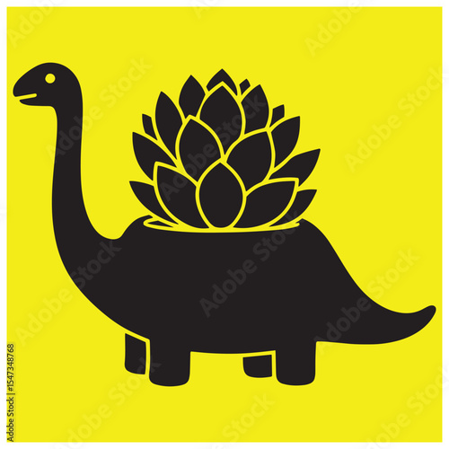 Cute dinosaur planter silhouette with succulent plant against bright yellow background