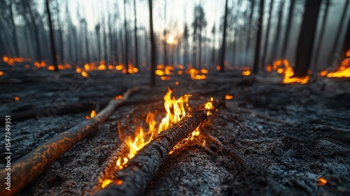 Fototapeta Naklejka Na Ścianę i Meble -  A dramatic scene of wildfire engulfing a forest as flames rise against the dusky sky, highlighting the destructive power of nature and the urgency of environmental issues.
